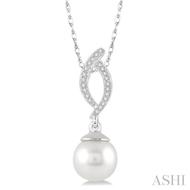 7×7 MM Round Cut Cultured Pearl and 1/20 Ctw Round Cut Diamond Pendant in 10K White Gold with Chain