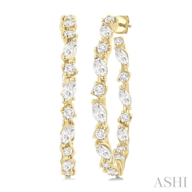 1 1/6 ctw Inside & Outside Marquise and Round Cut Diamond Fashion Open Hoop Earrings in 14K Yellow Gold