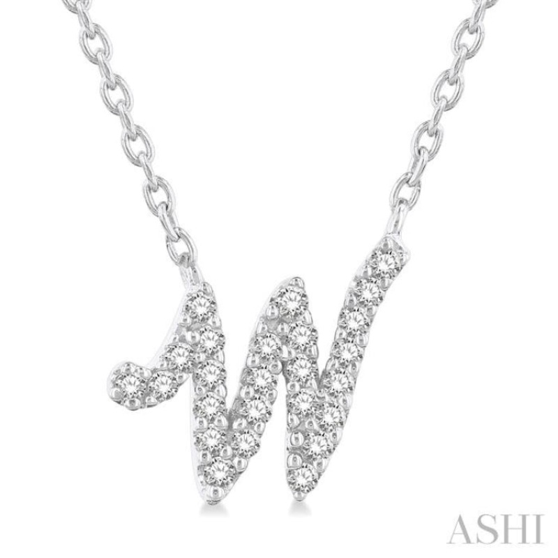 1/10 Ctw Initial ‘W’ Round cut Diamond Pendant With Chain in 10K White Gold