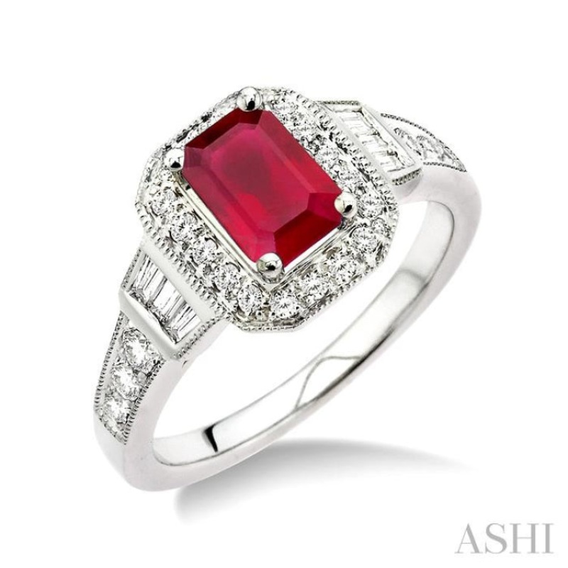 6×4 MM Octagon Cut Ruby and 1/4 Ctw Round and Baguette Cut Diamond Ring in 14K White Gold