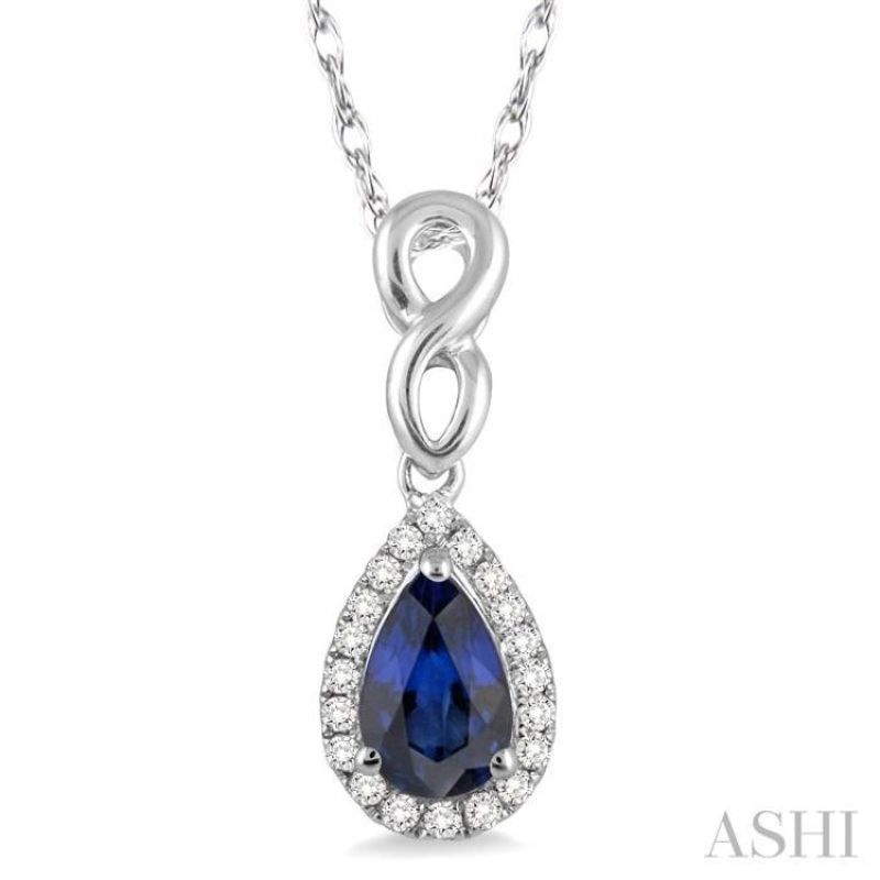 6×4 MM Pear Shape Sapphire and 1/10 Ctw Round Cut Diamond Pendant in 10K White Gold with Chain
