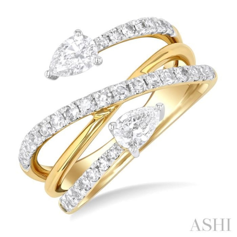 1.00 ctw East West Pear and Round Cut Diamond Split Open End Fashion Ring in 14K Yellow Gold