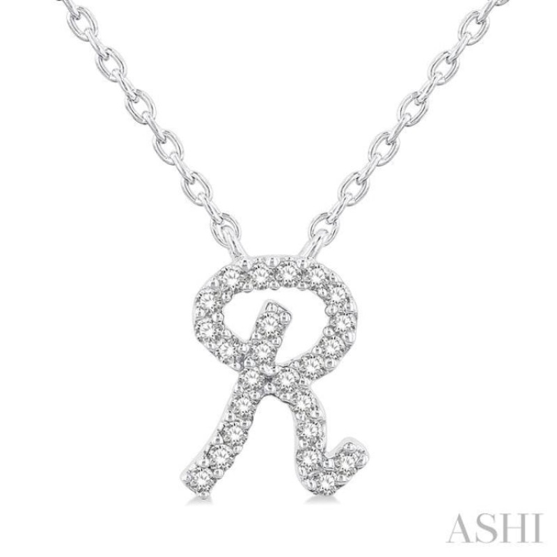 1/20 Ctw Initial ‘R’ Round cut Diamond Pendant With Chain in 10K White Gold