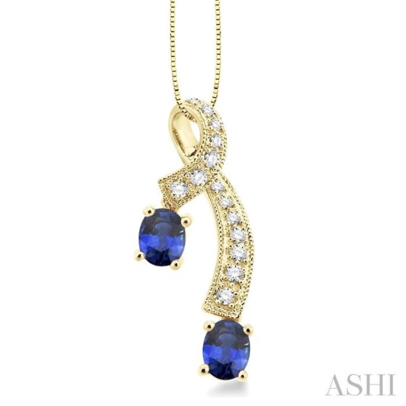 5×4 MM Oval Cut Sapphire and 1/6 ctw Round Cut Diamond Precious Pendant in 14K Yellow Gold with Chain