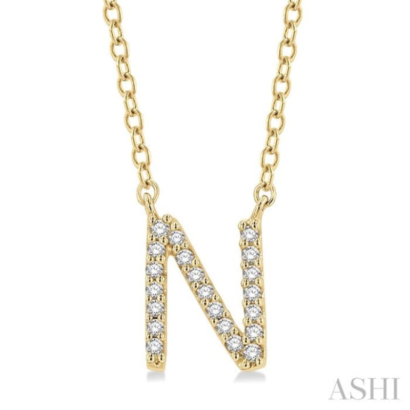 1/20 Ctw Initial ‘N’ Round Cut Diamond Pendant With Chain in 14K Yellow Gold