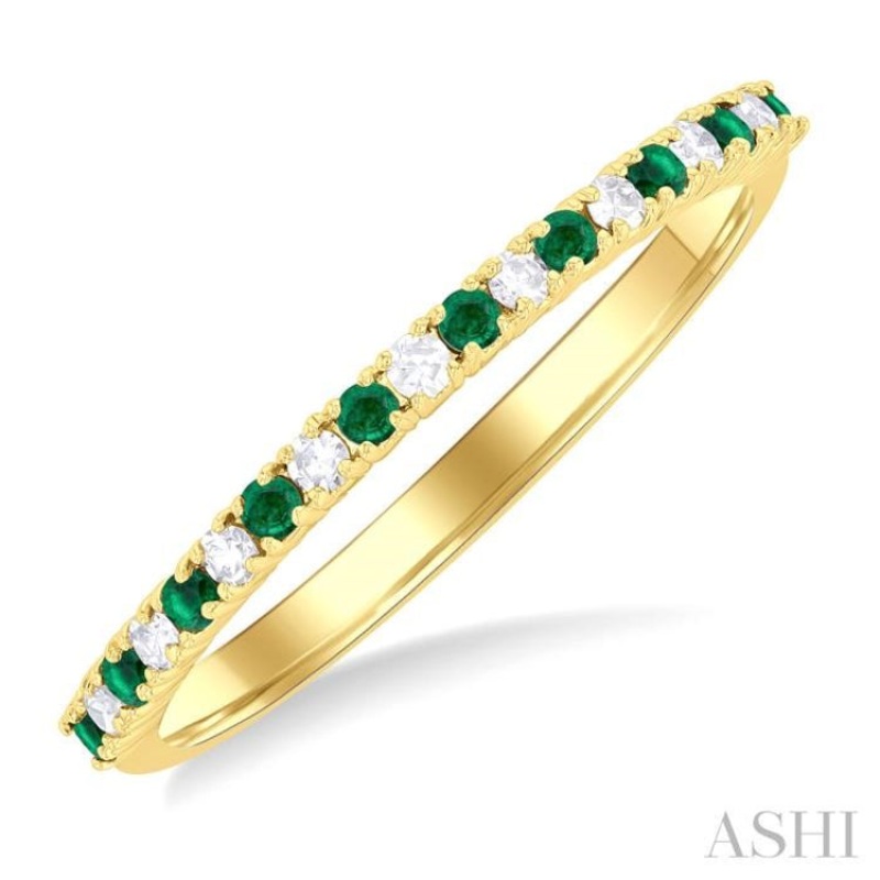 1.35 MM Round Shape Emerald and 1/10 ctw Petite Round Cut Diamond Precious Stack Band in 10K Yellow Gold