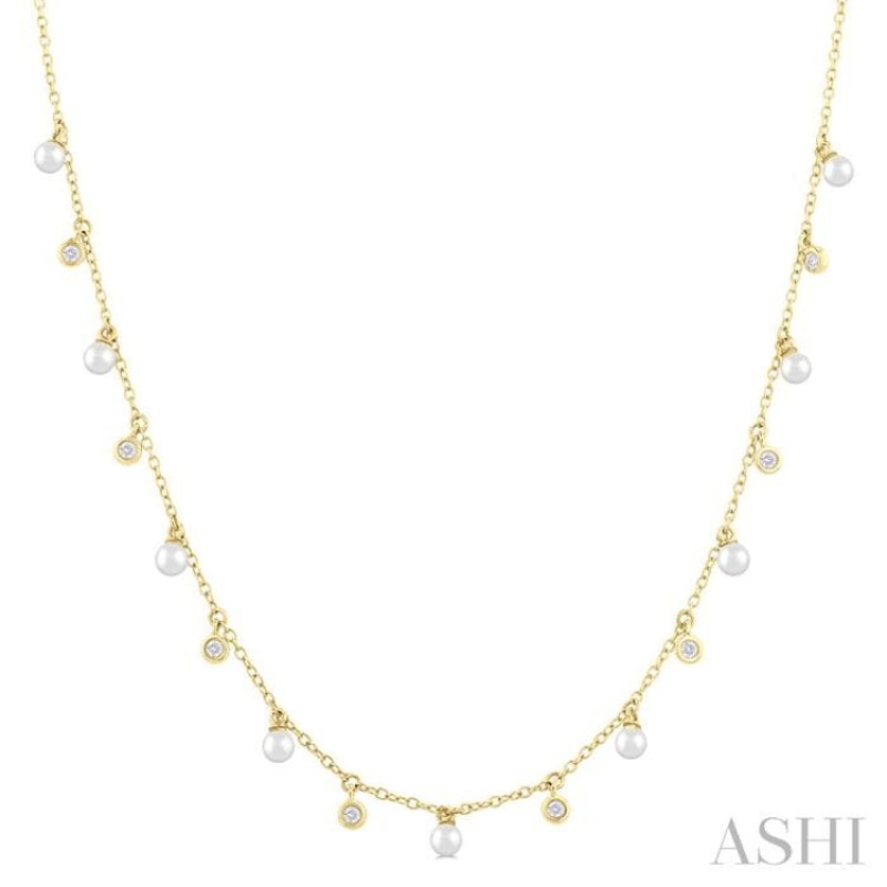 3 MM Round Shape Cultured Pearl and 1/6 ctw Round Cut Diamond Station Necklace in 14K Yellow Gold