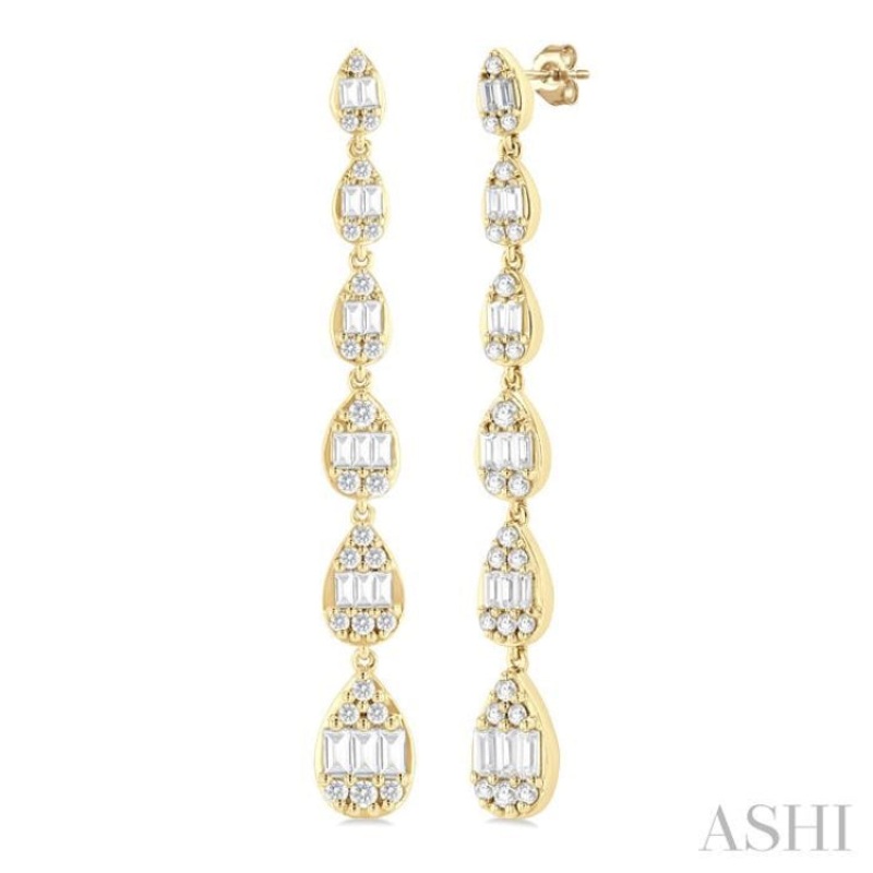 1 1/2 Ctw Pear Shape Fusion Baguette and Round Cut Diamond Fashion Long Earring in 14K Yellow Gold