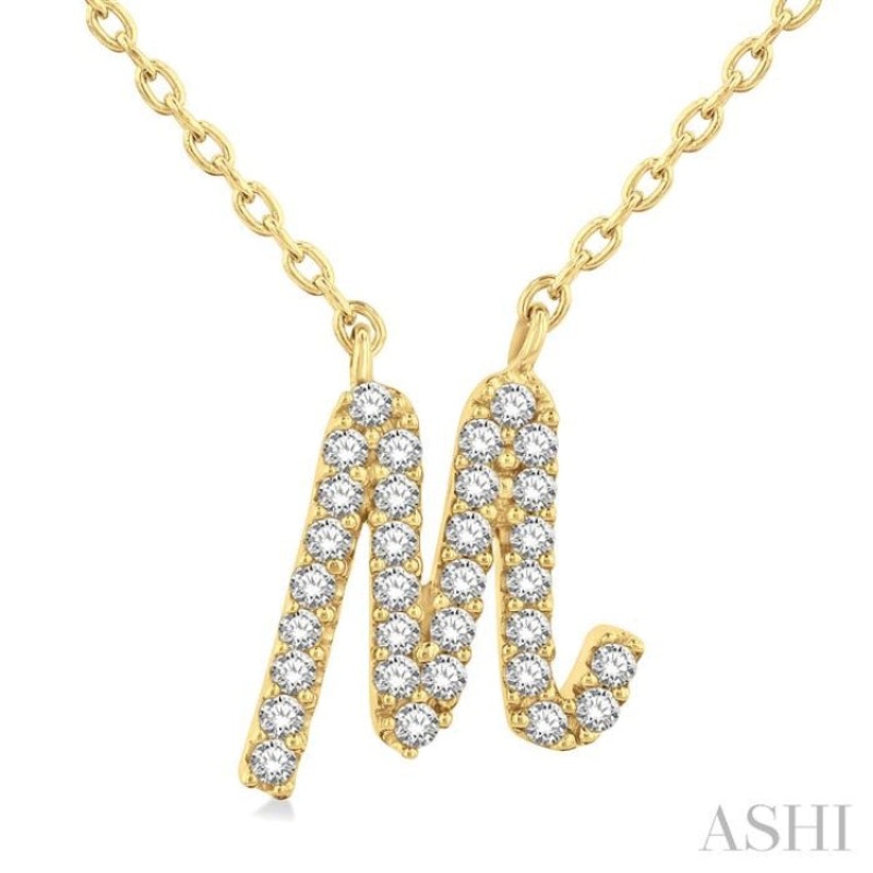 1/10 Ctw Initial ‘M’ Calligraphy Round Cut Diamond Fashion Pendant With Chain in 14K Yellow Gold