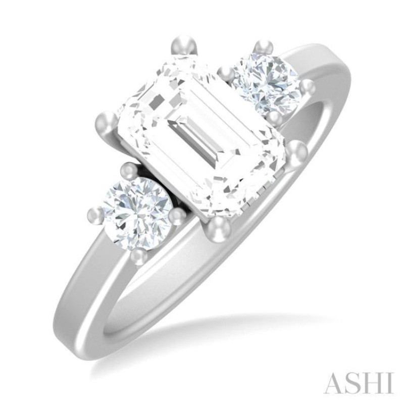 1/2 ctw Tri-Mount Emerald Shape Center Round Cut Diamond Semi Mount Engagement Ring in 14K White Gold