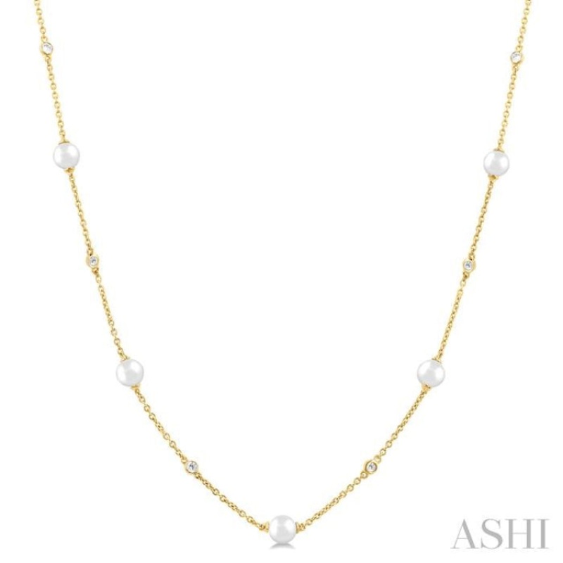 4 MM Round Shape Cultured Pearl and 1/6 ctw Round Cut Diamond Station Necklace in 14K Yellow Gold