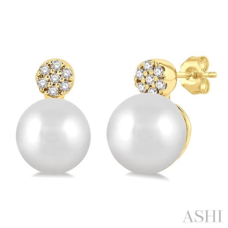 5.5 MM Round Shape Cultured Pearls and 1/20 ctw Round Cut Diamond Petite Fashion Earring in 10K Yellow Gold