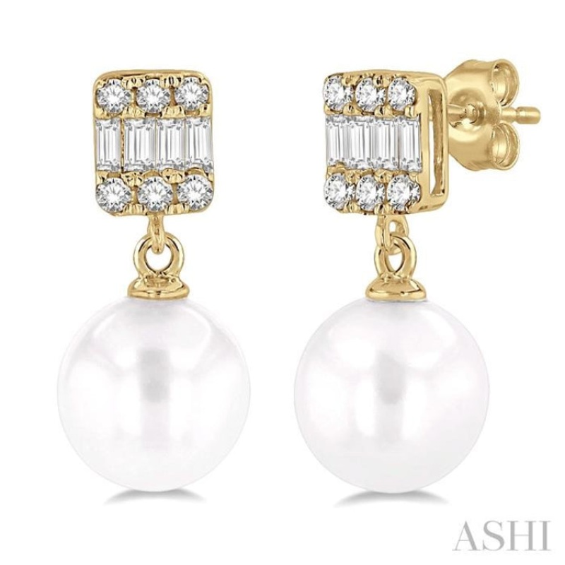 6 MM Cultured Pearls and 1/10 ctw Baguette and Single Cut Diamond Earrings in 10K Yellow Gold