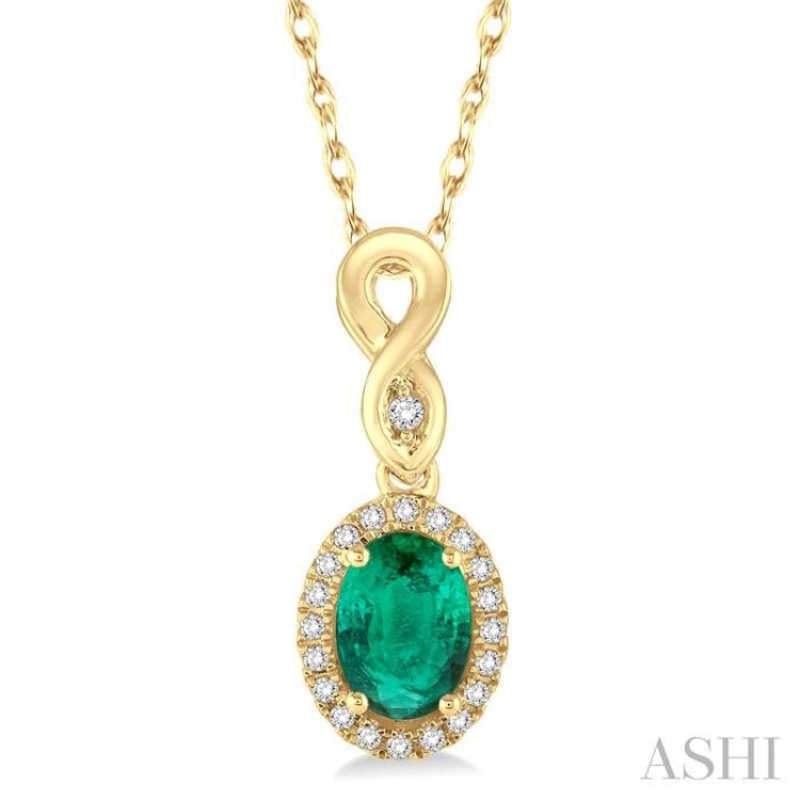 6×4 MM Oval Cut Emerald and 1/10 Ctw Round Cut Diamond Pendant in 10K Yellow Gold with Chain