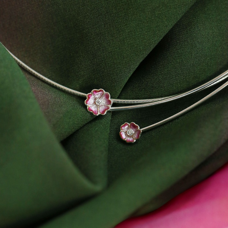 Primula Scotica 2-flower Cubic Zirconia Necklace in Hot Pink Enamel