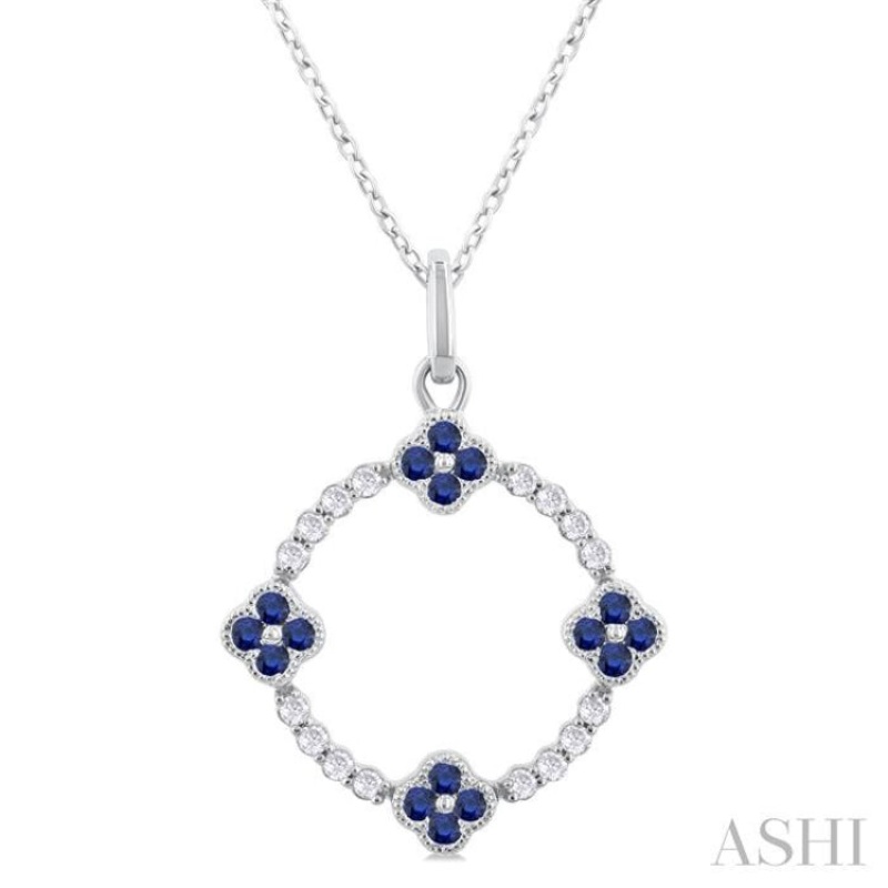 1.25 MM Clover Circle Sapphire and 1/8 ctw Round Cut Diamond Precious Pendant With Chain in 10K White Gold