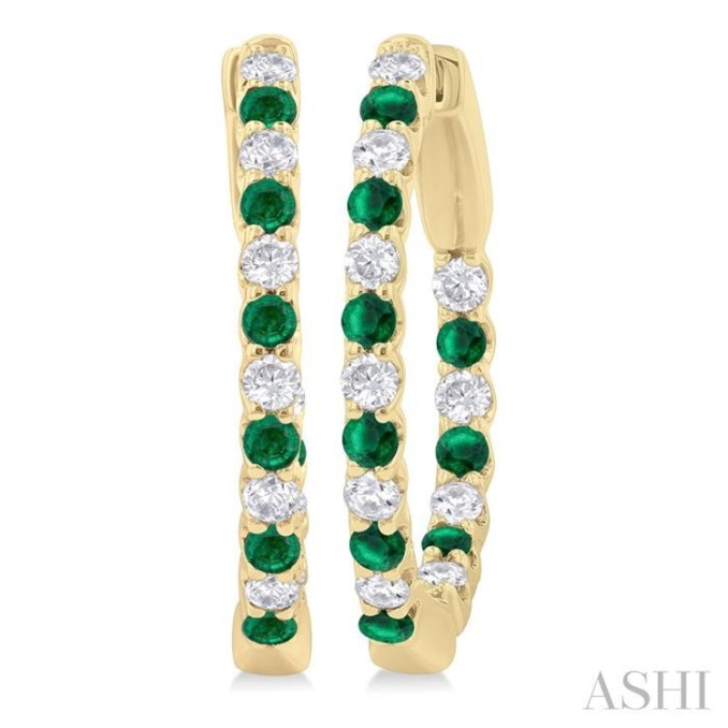 1.8 MM Emerald and 1/2 ctw Round Cut Inside-Out Diamond Precious Hoop Earrings in 14K Yellow Gold