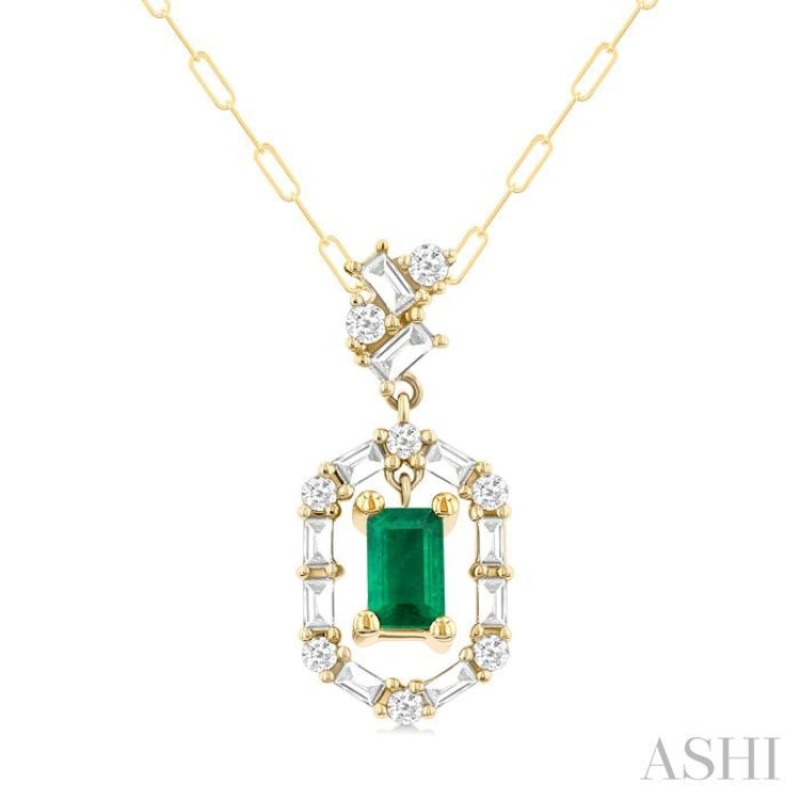 5×3 MM Emerald Cut and 1/3 ctw Baguette & Round Cut Diamond Precious Fashion Pendant With Chain in 14K Yellow Gold