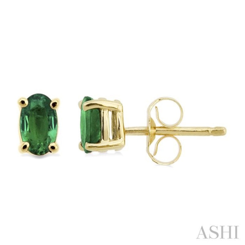 5×3 MM Oval Cut Emerald Stud Earrings in 14K Yellow Gold