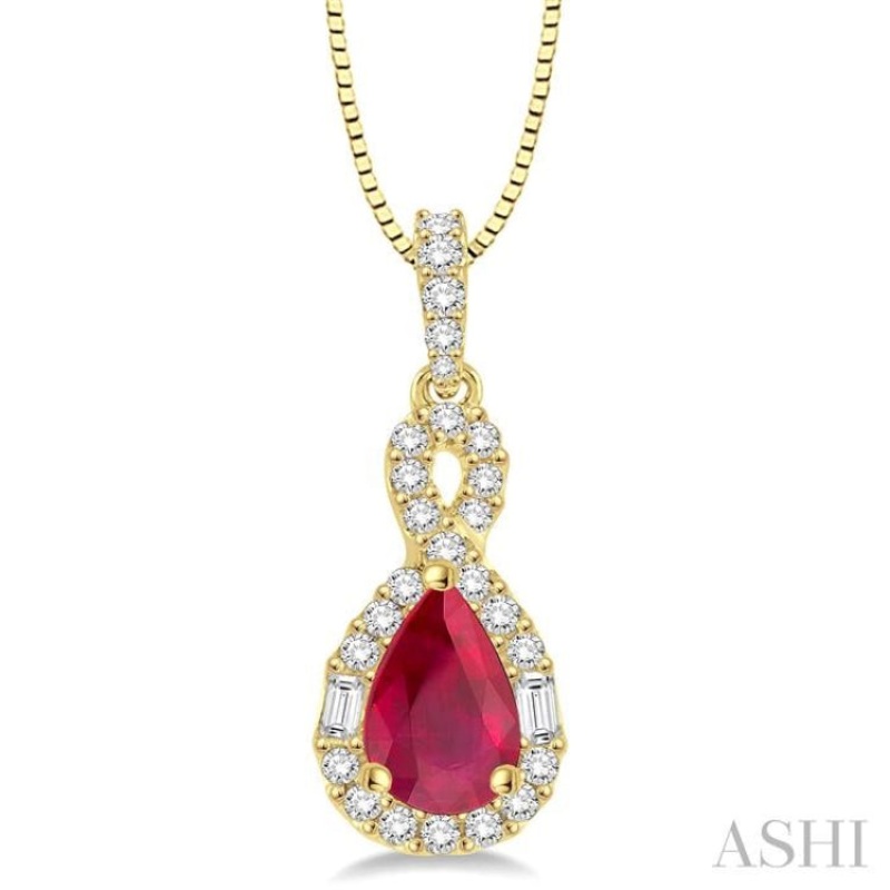 7×5 MM Pear Shape Ruby and 1/3 Ctw Diamond Pendant in 14K Yellow Gold with Chain