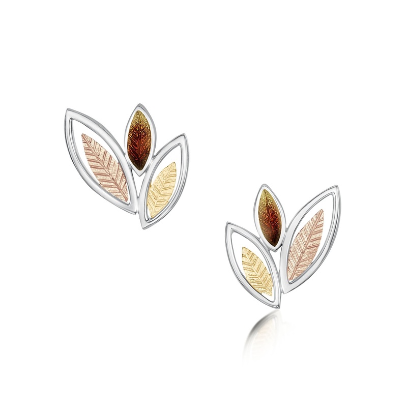 Seasons Gold Leaves 3-leaf Stud Earrings in Autumn Enamel