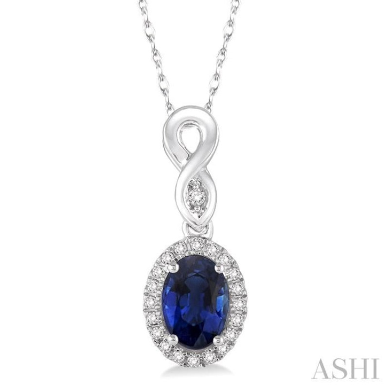 6×4 MM Oval Cut Sapphire and 1/10 Ctw Round Cut Diamond Pendant in 10K White Gold with Chain