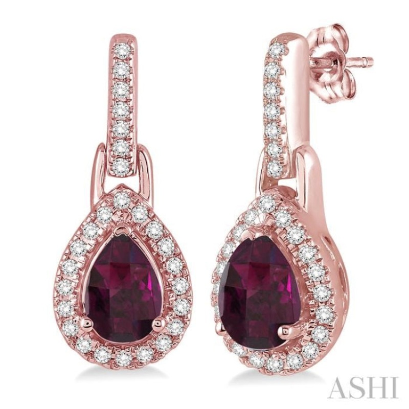 6×4 MM Pear Shape Rhodolite Garnet and 1/5 Ctw Round Cut Diamond Earrings in 10K Rose Gold