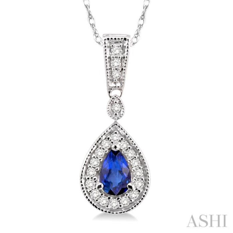 6x4mm Pear Shape Sapphire and 1/6 Ctw Round Cut Diamond Pendant in 14K White Gold with Chain