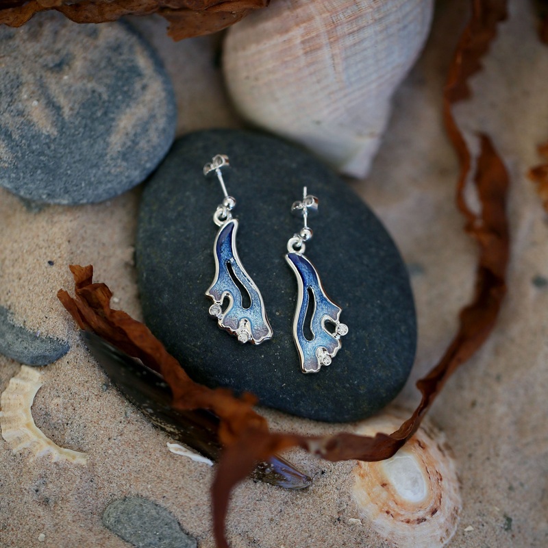 Sea Moss Cubic Zirconia Drop Earrings in Sea Blue Enamel