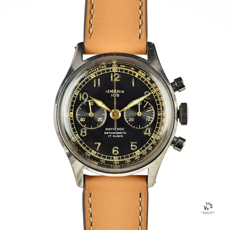 Lemania 105 Chronograph – Stunning Original Gilt Gloss Tachymetre Dial – c.1950s