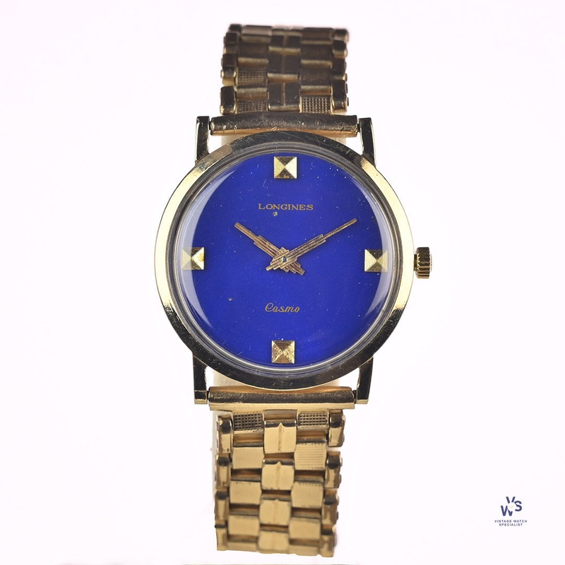 Longines 10k Gold Filled Cosmo – Art Deco Style – Cobalt Blue Dial – 1969