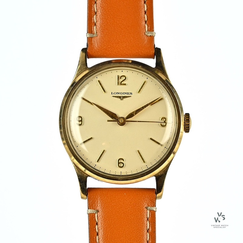 Longines 9k Gold Dress Watch – Explorer Dial – Dennison Case – c.1955