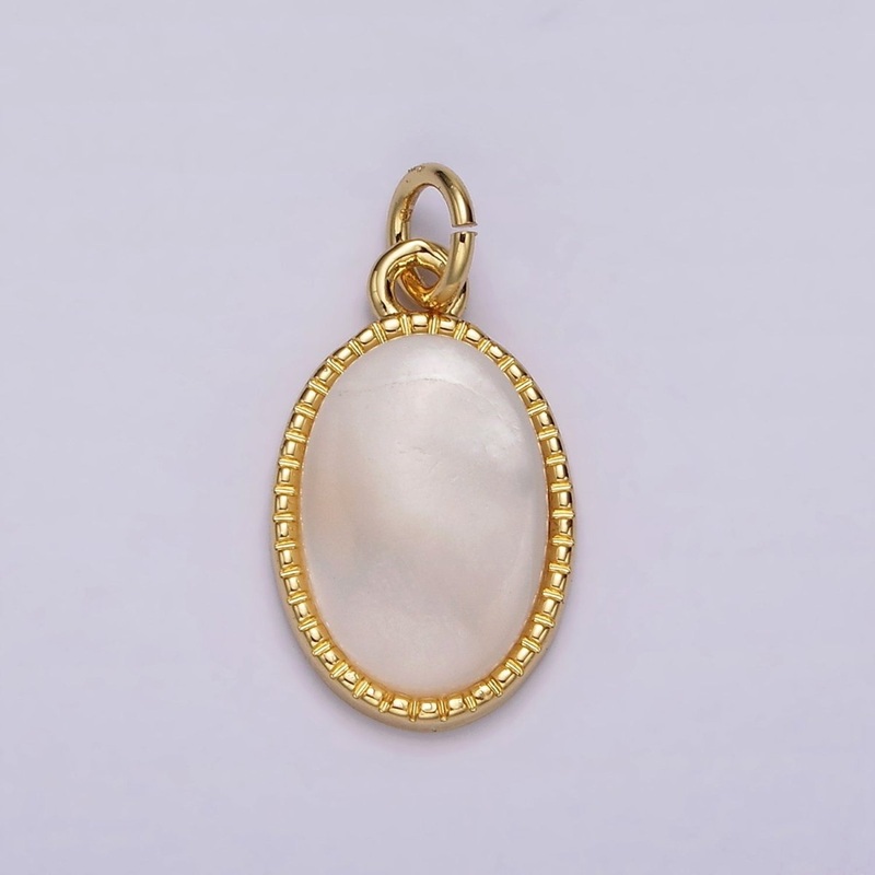 14K Gold Filled 20mm Shell Pearl Oblong Dotted Bezel Charm | AG513