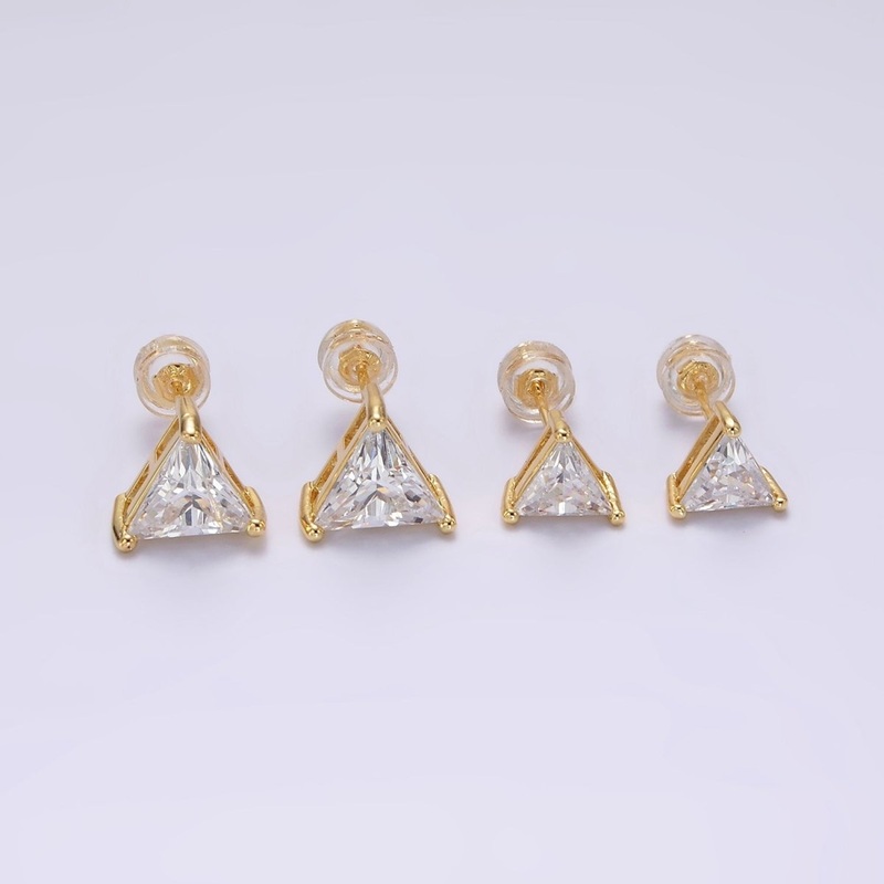14K Gold Filled 7.5mm, 9.5mm Clear CZ Triangle Bezel Stud Earrings | AE787 AE788 Small