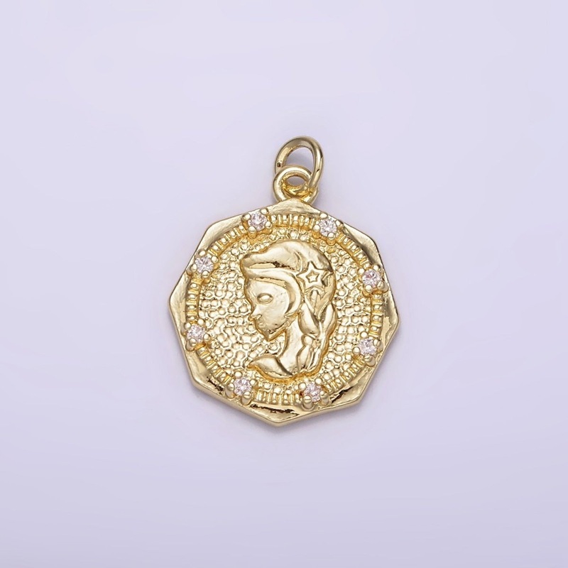 14K Gold Filled Braided Girl Princess Mermaid Lady Portrait Cameo CZ Hammered Octagonal Charm | AG184