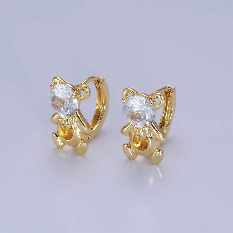 14K Gold Filled Clear CZ Teddy Bear Animal Huggie Earrings | AB1254