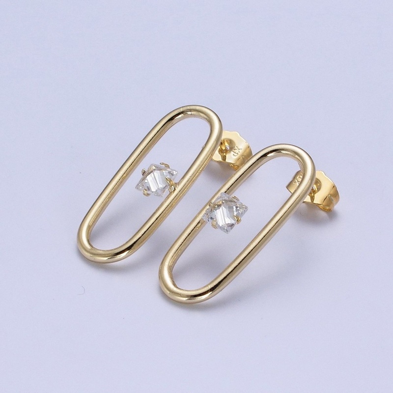 14K Gold Filled Minimalist Stud Earring Oval with Dainty Cubic Zirconia Crystal, Perfect for Everyday Wear or Gift | AD-565