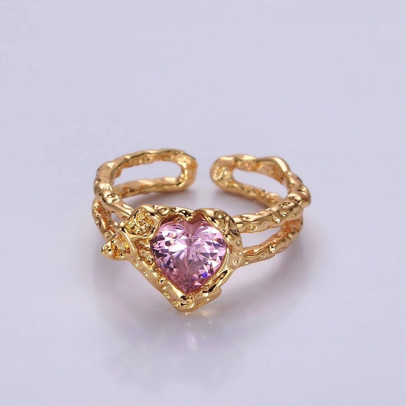 14K Gold Filled Pink CZ Heart Dented Molten Double Band Ring | O1063