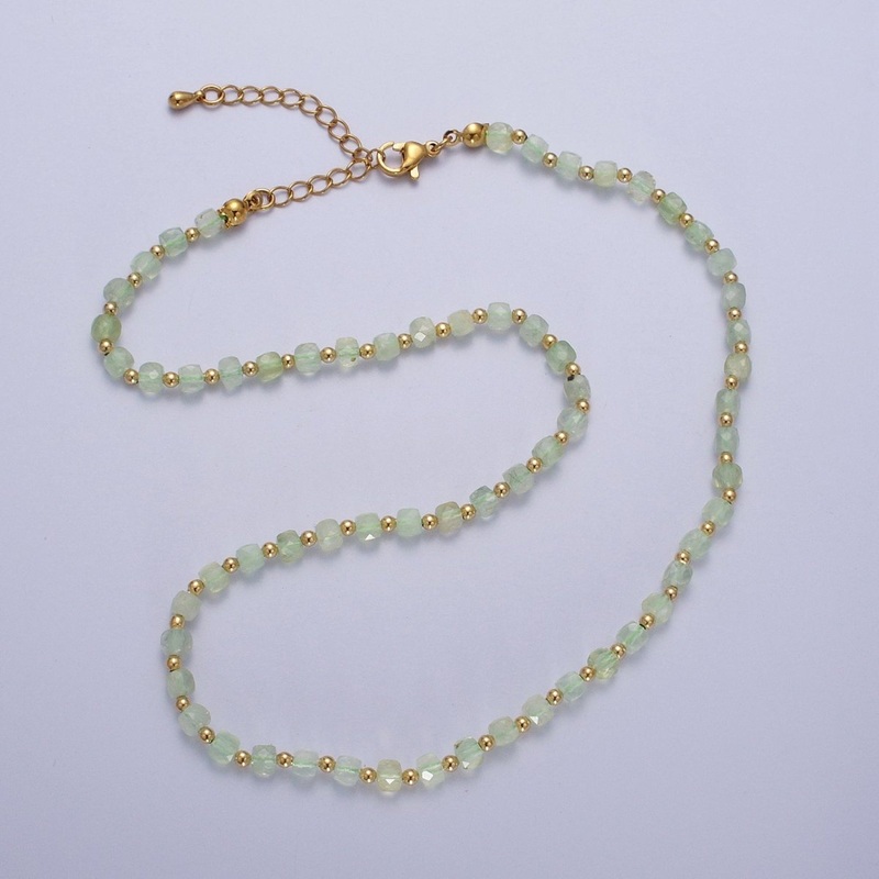 16 Inch Natural Prestolite Green Multifaceted Cube Gemstone w. Gold Bead Choker Necklace | WA-1446 Clearance Pricing