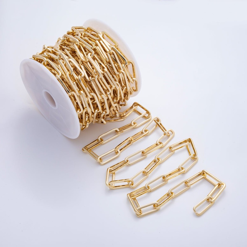 16K Gold Filled 27mm x 11mm Unfinished Thick Link Elongated Paperclip Chain by Yard | ROLL-1690