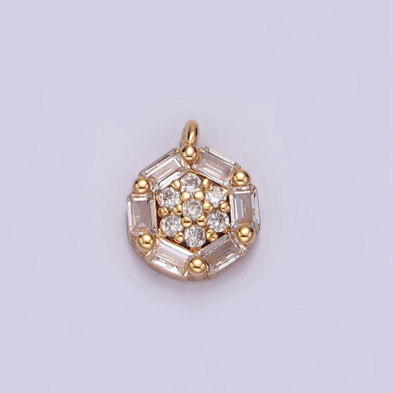 16K Gold Filled Clear Micro Paved CZ Baguette Lined Round Mini Charm | N1750