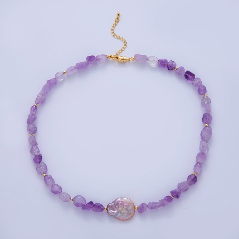 16K Gold Filled Freshwater Pearl Purple Amethyst Gemstone 17.5 Inch Handmade Necklace | WA-1116