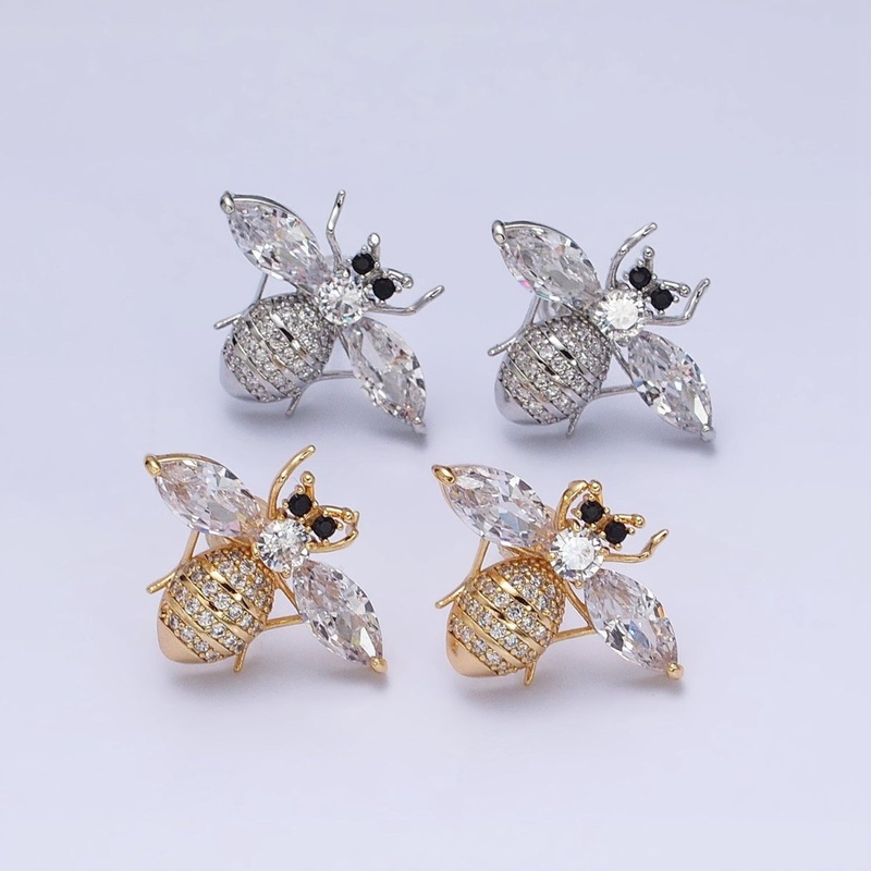 16K Gold Filled Gold Bee Stud Earrings  Crystal Cubic Zirconia Honey Bee Queen Bee Bumble Bee Jewelry AD1474 AD1475 Gold