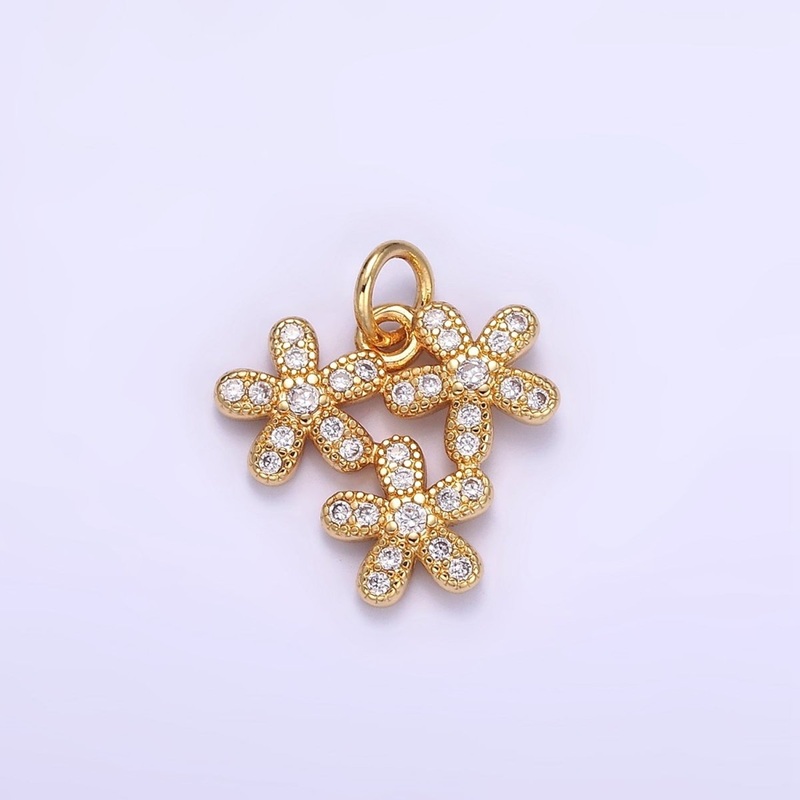 16K Gold Filled Triple Flower Micro Paved CZ Charm | C298