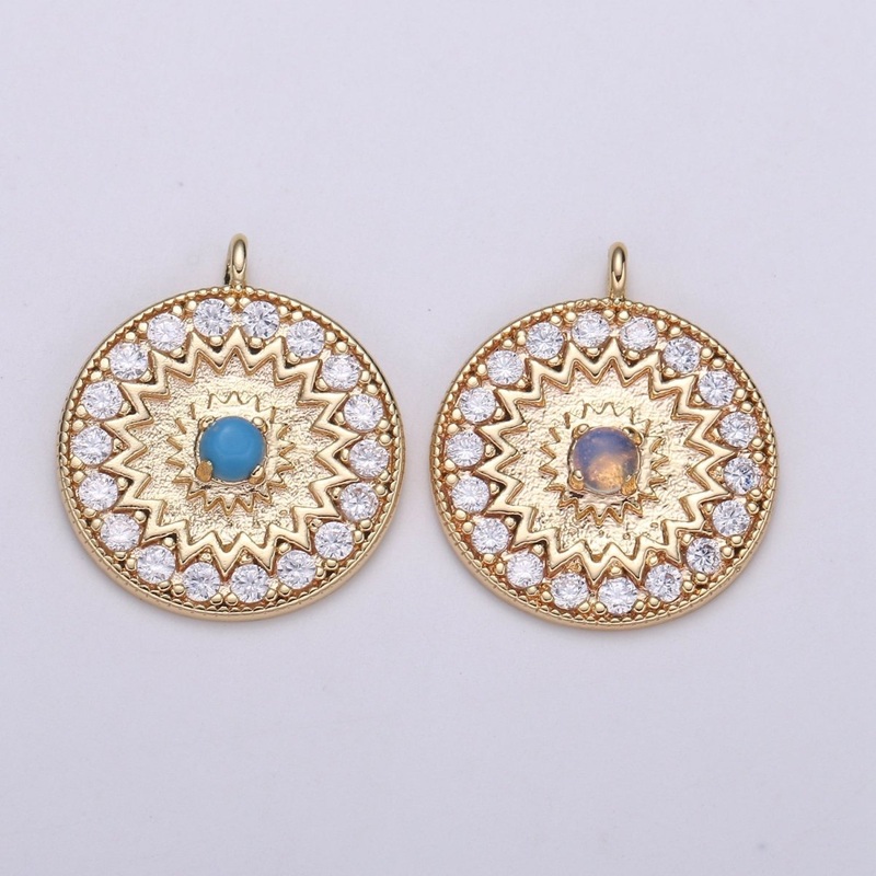 18k Gold Filled Round Micro Pave Charm Turquoise Pendant, MoonStone charms for Medallion necklace Component Supply Jewelry Making E-143 Turquoise