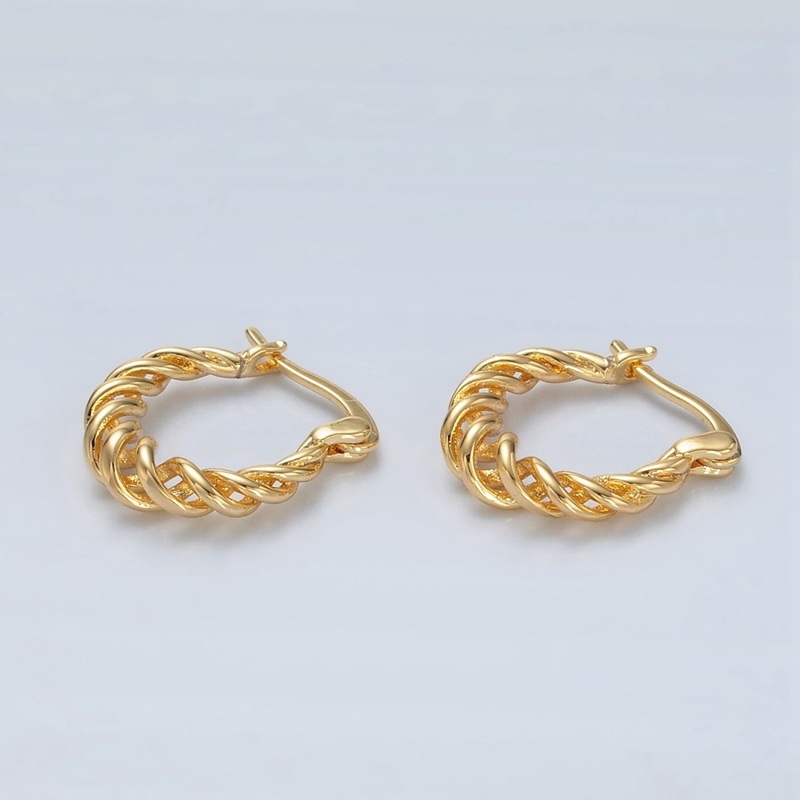 24K Gold Filled 18mm Twisted Rope Minimalist Latch Hoop Earrings | T095