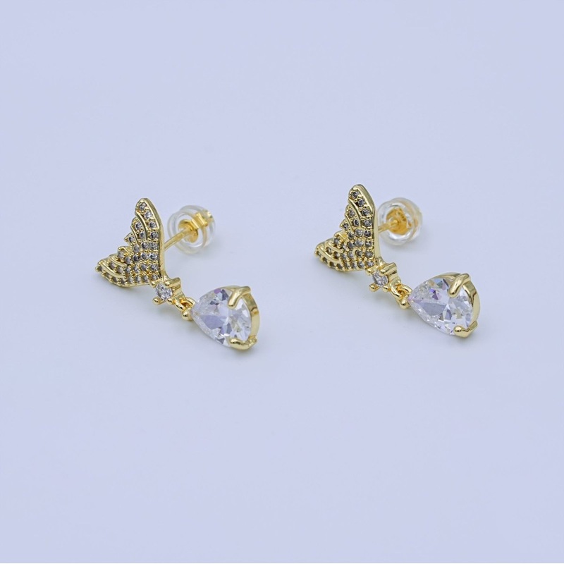 24K Gold Filled Clear Micro Paved CZ Fish Tail Drop Stud Earrings | T477