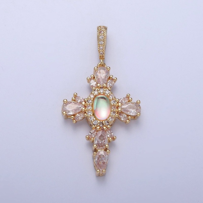 24K Gold Filled Cross Pendant Charm, Micro Pave Clear CZ Cubic Zirconia & Moonstone Religious Jewelry I-351