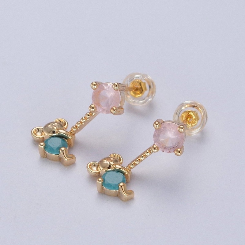 24K Gold Filled Cute CZ Pink Round Studs with Tiny Mouse Blue Cubic Zirconia Charm Dangle P-324