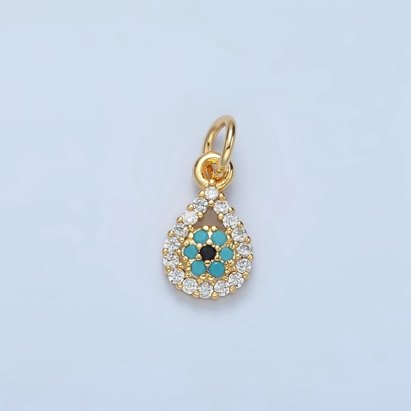 24K Gold Filled Evil Eye Open Teardrop Turquoise Micro Paved CZ Charm | X559